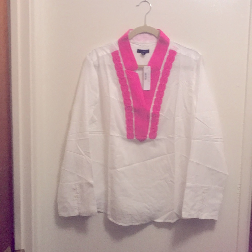 J.Crew White long sleeve blouse w/ hot pink trim